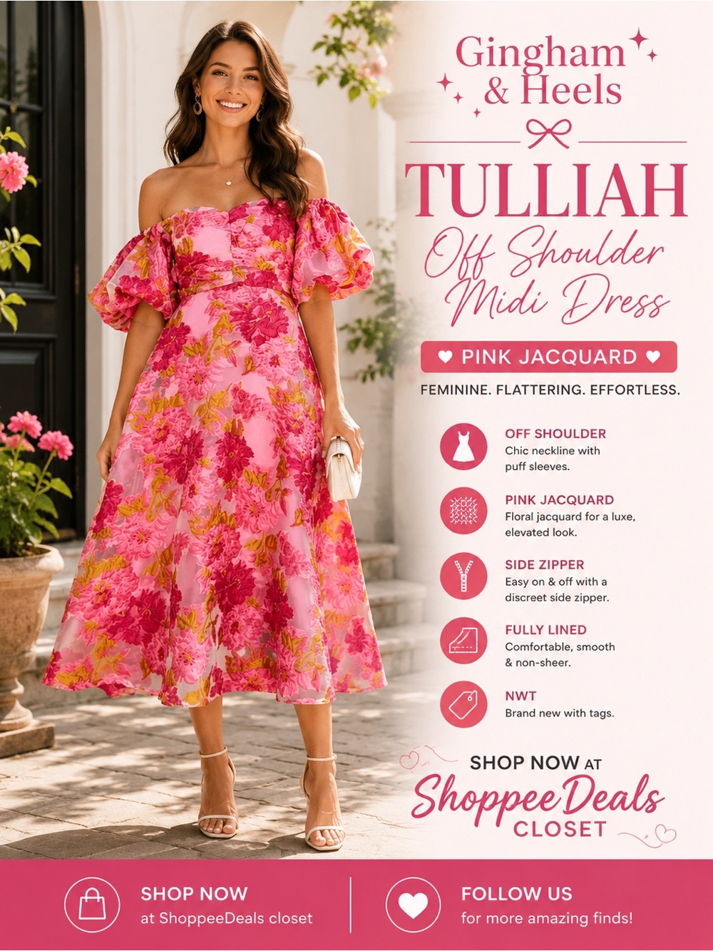 Gingham & Heels Tulliah Off Shoulder Midi Dress – Pink Jacquard | NWT